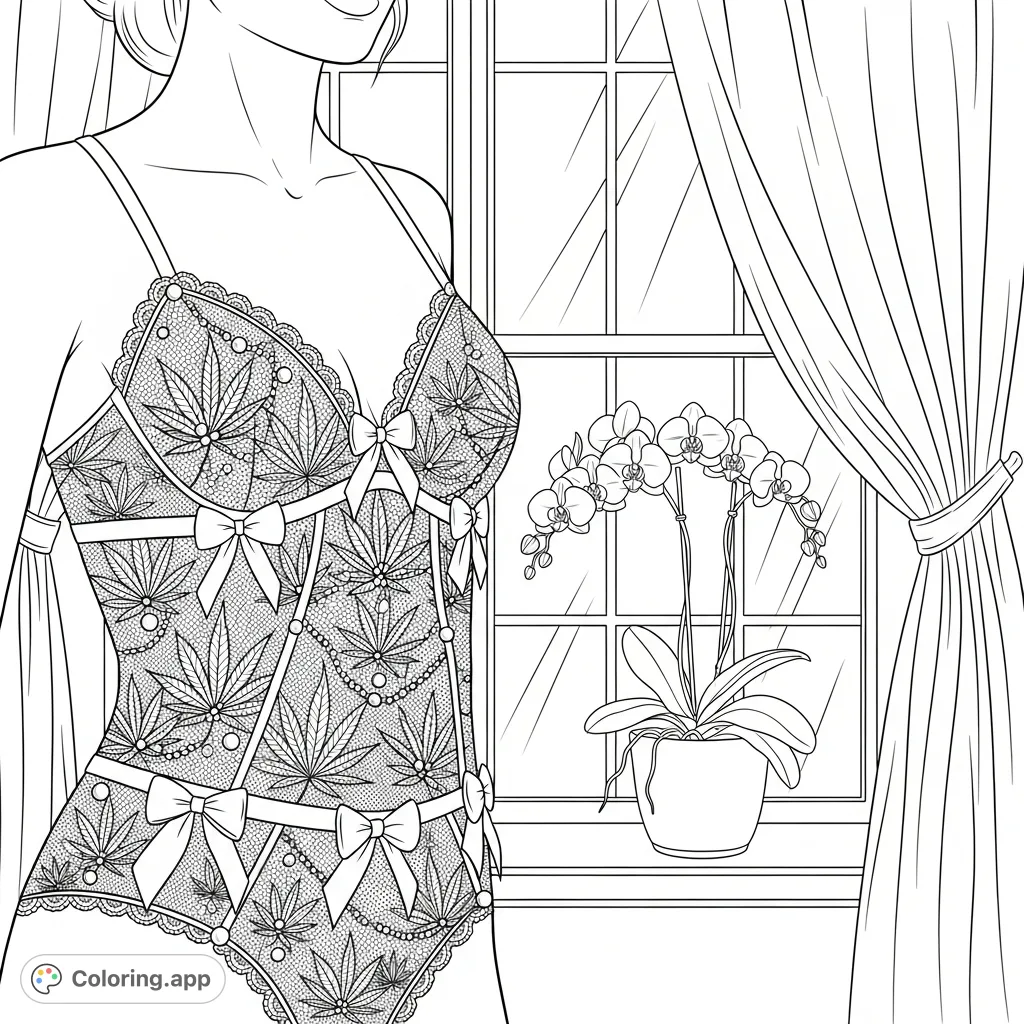 A detailed adult coloring page featuring a woman in lace lingerie adorned with cannabis leaf patterns and pearls, set against a softly lit window with an orchid.