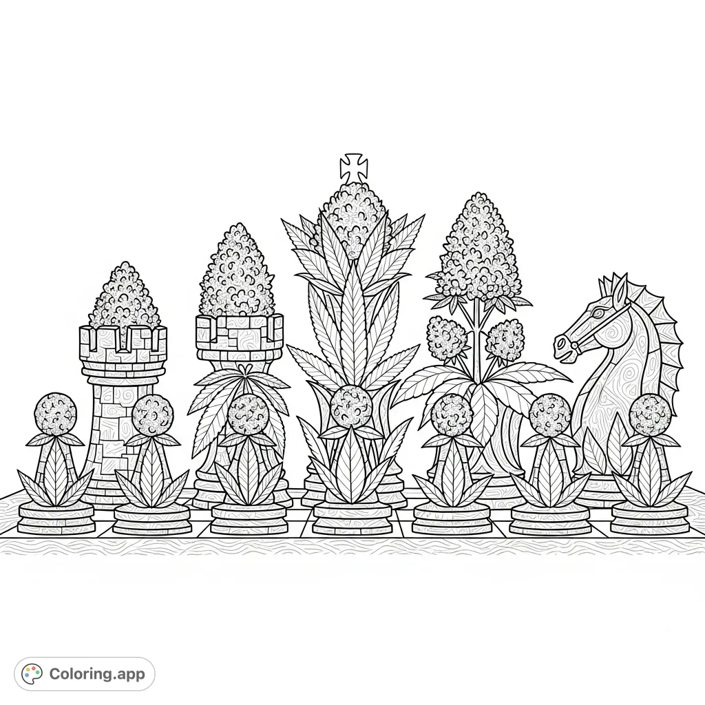 Experience a unique game with this detailed marijuana chess coloring page. Intricate pieces featuring cannabis leaves and buds on an organic board await your creative touch.