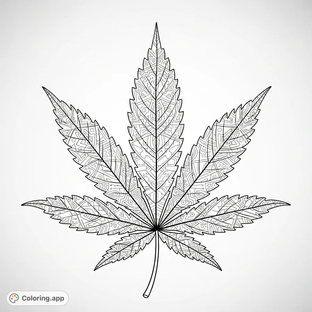 Explore a detailed marijuana leaf coloring page featuring a giant, distinctively lobed leaf adorned with an intricate, repeating geometric pattern for mindful coloring.