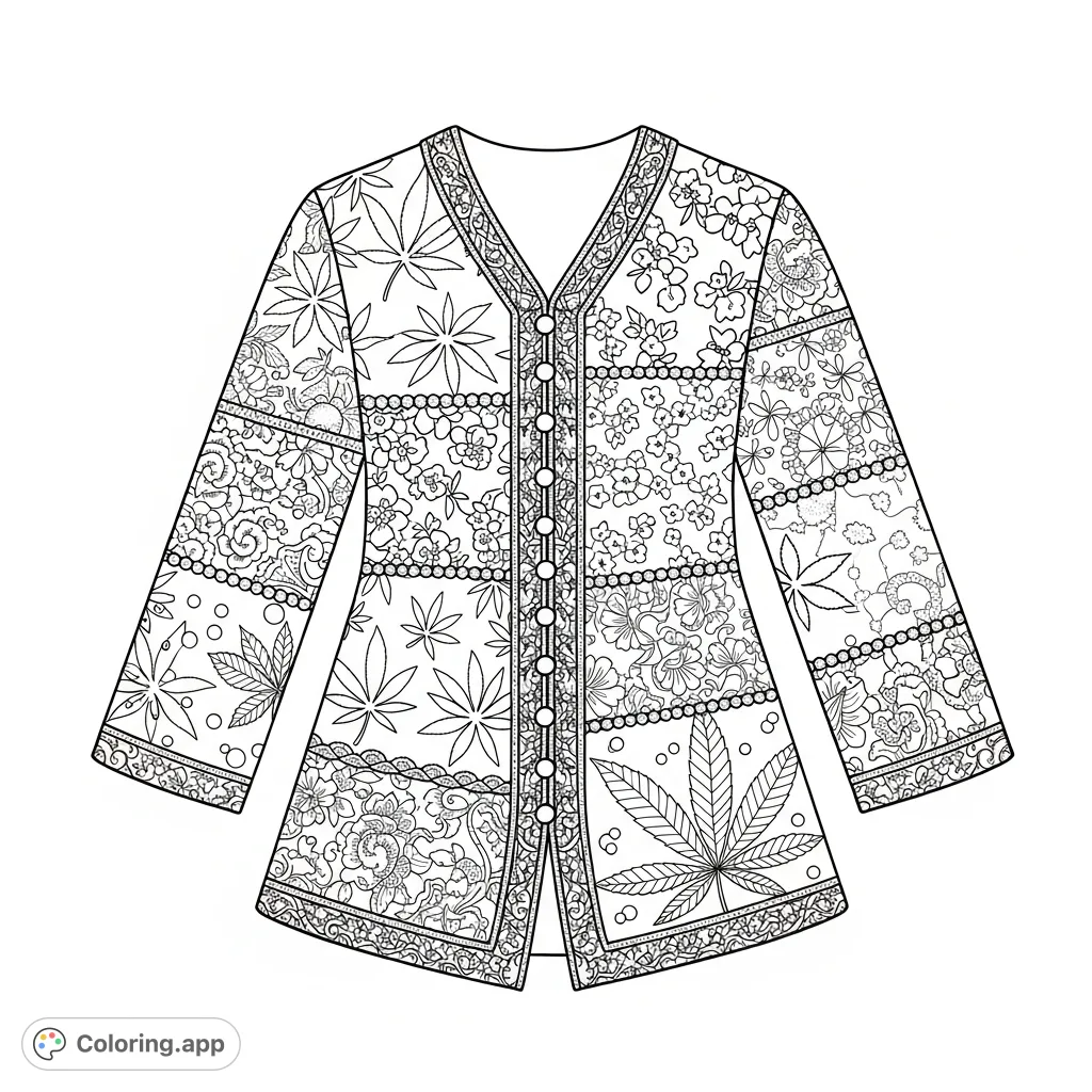 Discover a unique stylized garment coloring page featuring a meticulous patchwork of abstract cannabis leaf shapes, feminine patterns, lace, pearls, and brocade textures.
