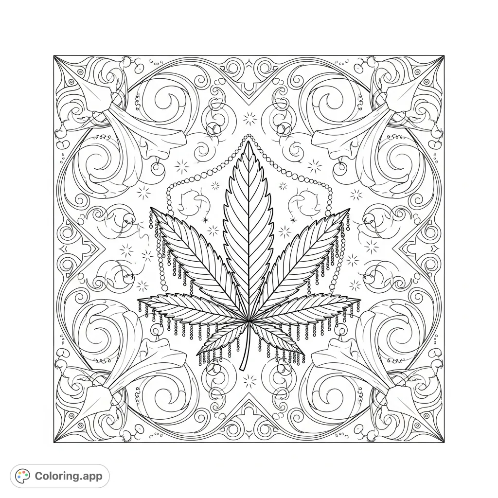 Explore a detailed cannabis leaf design on a square panel, surrounded by intricate swirling vines, quatrefoil shapes, and starbursts for a captivating coloring experience.