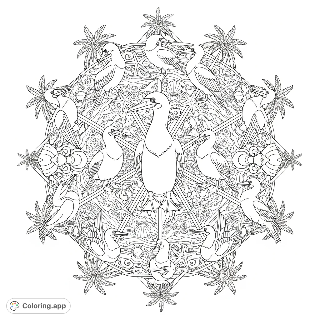 An intricate circular boobies coloring page featuring a regal central booby surrounded by playful smaller birds, palm fronds, and marine elements.