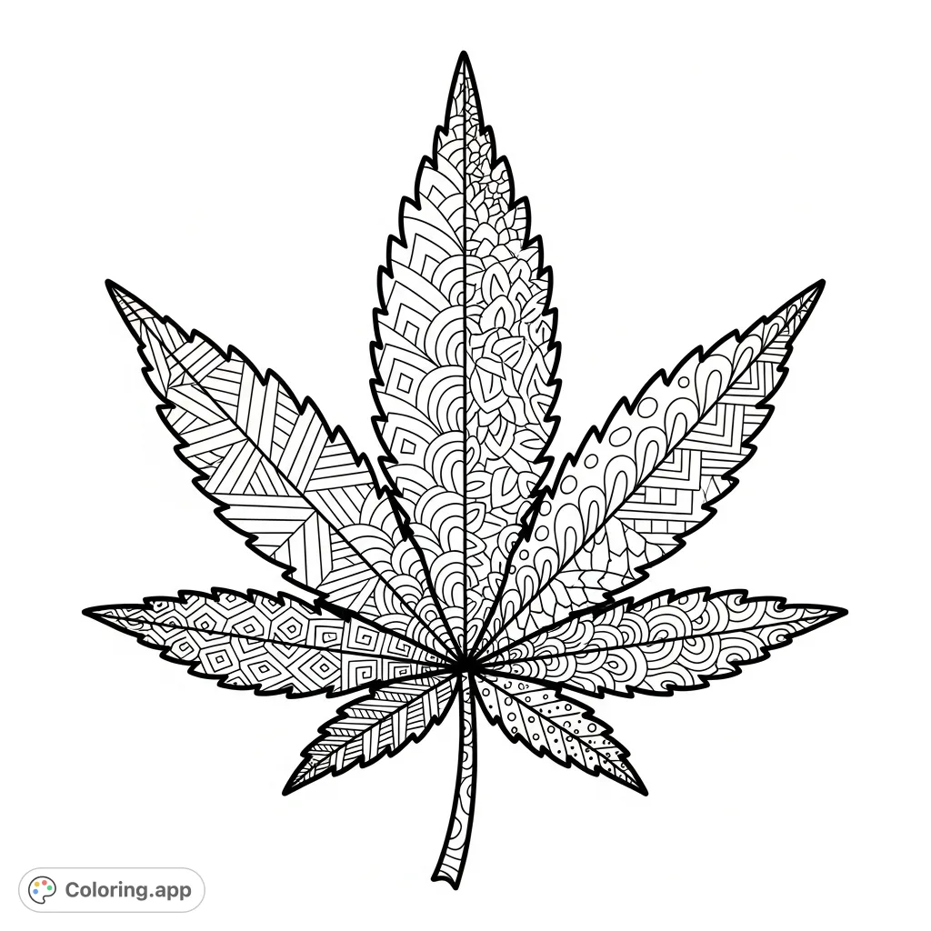 An intricate zentangle marijuana leaf with bold outlines and complex patterns, perfect for mindful coloring and creative expression for adult colorists.
