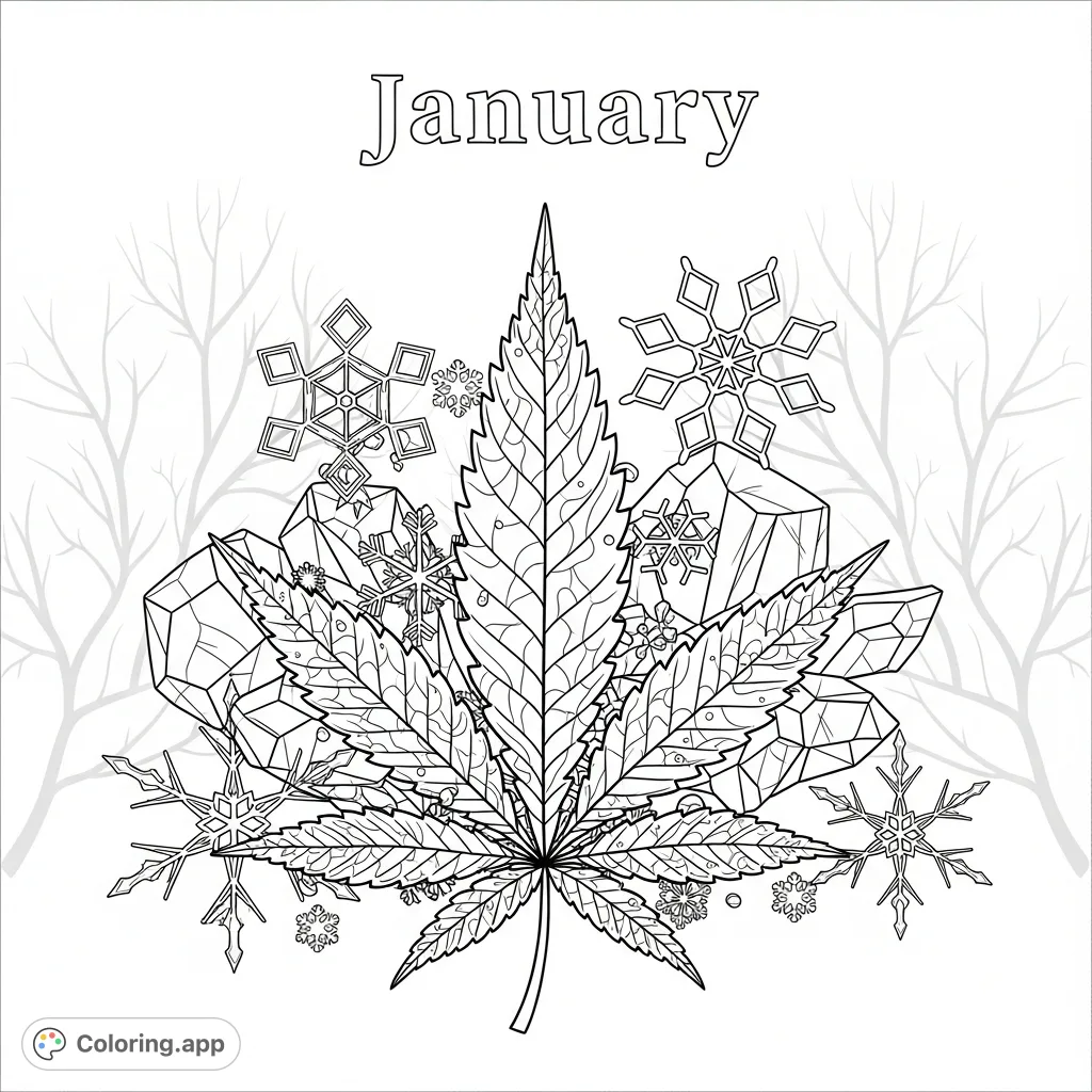 Embrace winter's calm with this January frosty cannabis leaf coloring page, blending delicate snowflakes with intricate foliage.