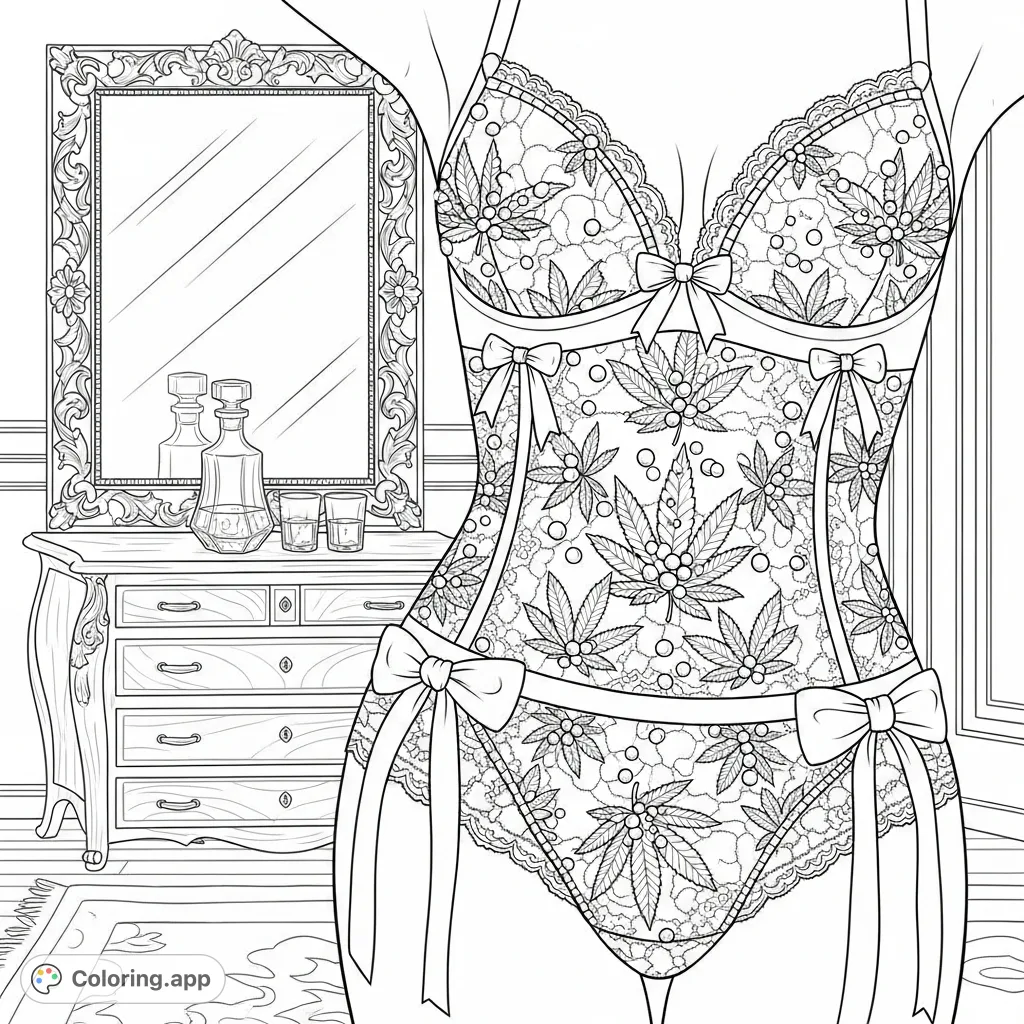 Explore a sophisticated chamber with a woman's torso in ornate lace lingerie featuring cannabis leaf patterns, reflected in a grand mirror on a carved dresser.