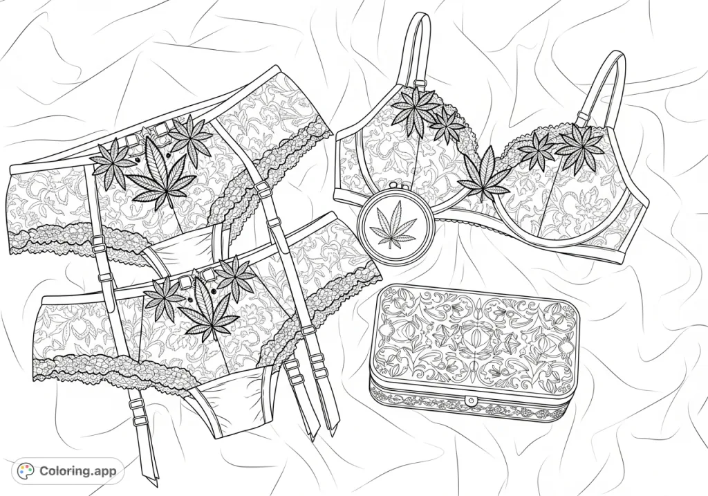 An elegant intimate apparel coloring page featuring a lace garter belt and bustier with cannabis leaf embroidery, alongside "girly" cannabis accessories on a satin bedspread.