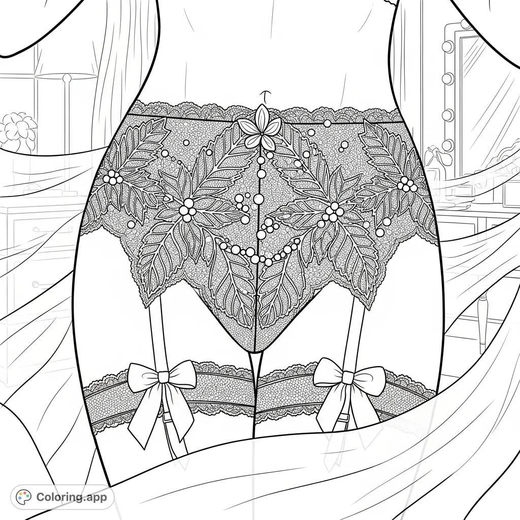 An exquisite adult coloring page featuring a detailed lace lingerie garter belt with intricate leaf patterns, delicate pearls, and satin bows in a boudoir setting.