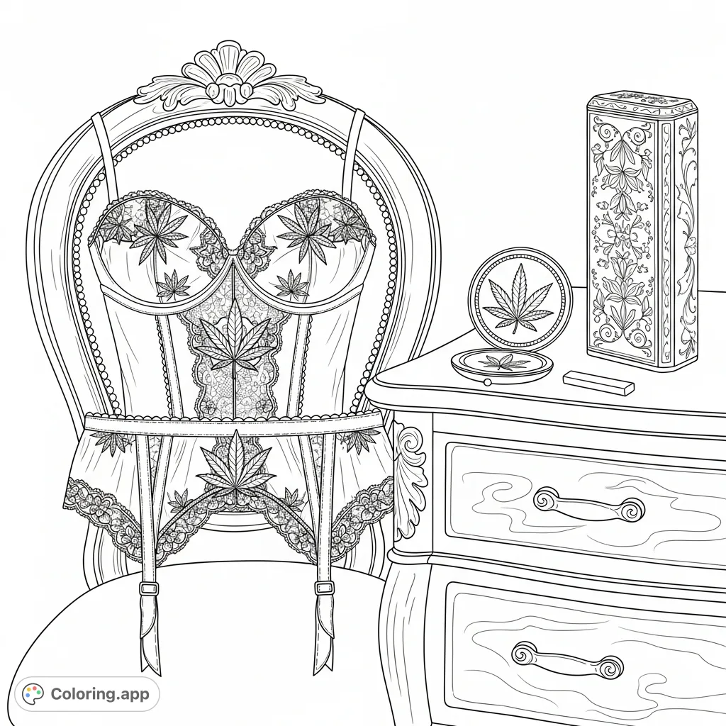 Intricate lace lingerie with cannabis leaf details draped on a vanity chair, alongside cannabis accessories and a floral stash box on a polished dresser.