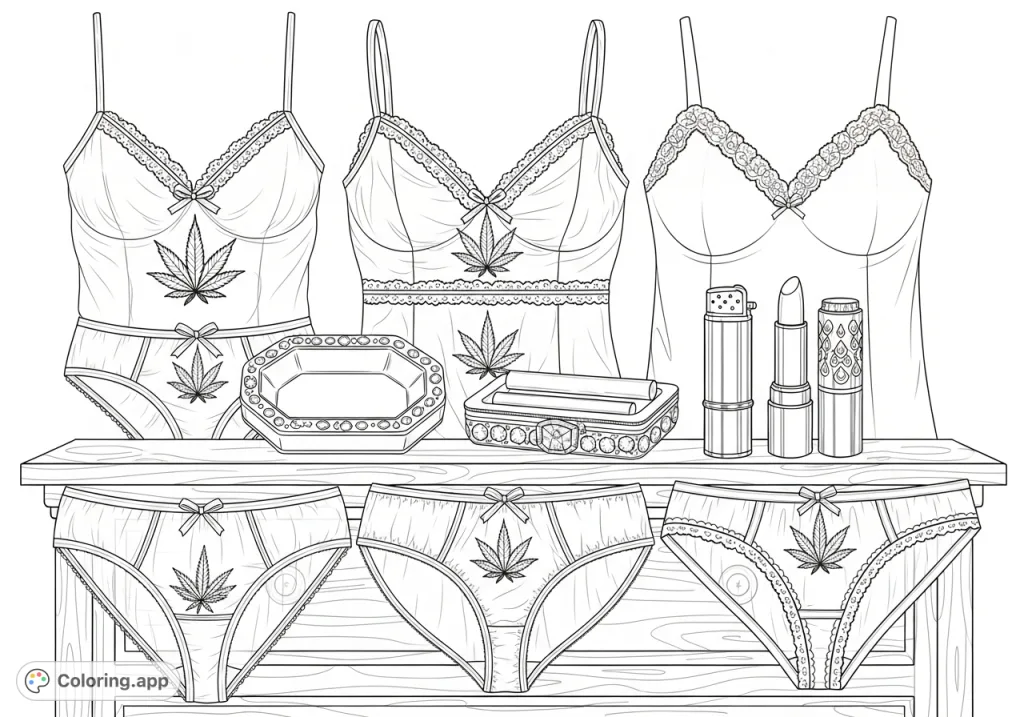 Elegant lace undergarments adorned with cannabis leaf patterns, surrounded by jeweled accessories on a vintage dresser, perfect for adult coloring.
