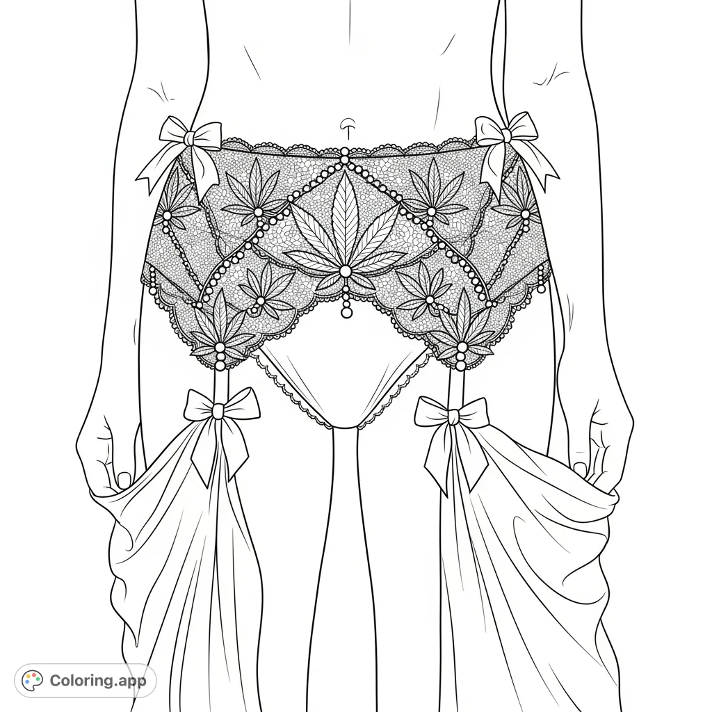 An intricate adult coloring page featuring a graceful woman in a detailed lace lingerie garter belt with cannabis leaf patterns, spherical pearls, and satin bows.