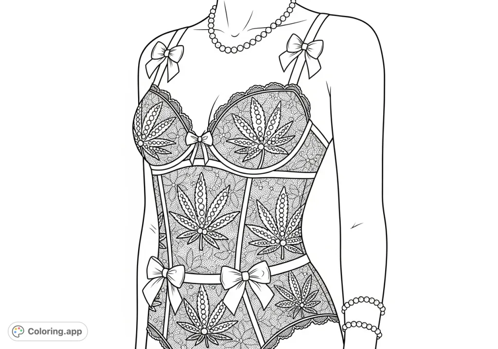 An intricate coloring page featuring a woman's upper torso adorned in delicate lace lingerie, detailed with cannabis leaf patterns, tiny pearls, satin bows, and elegant jewelry.