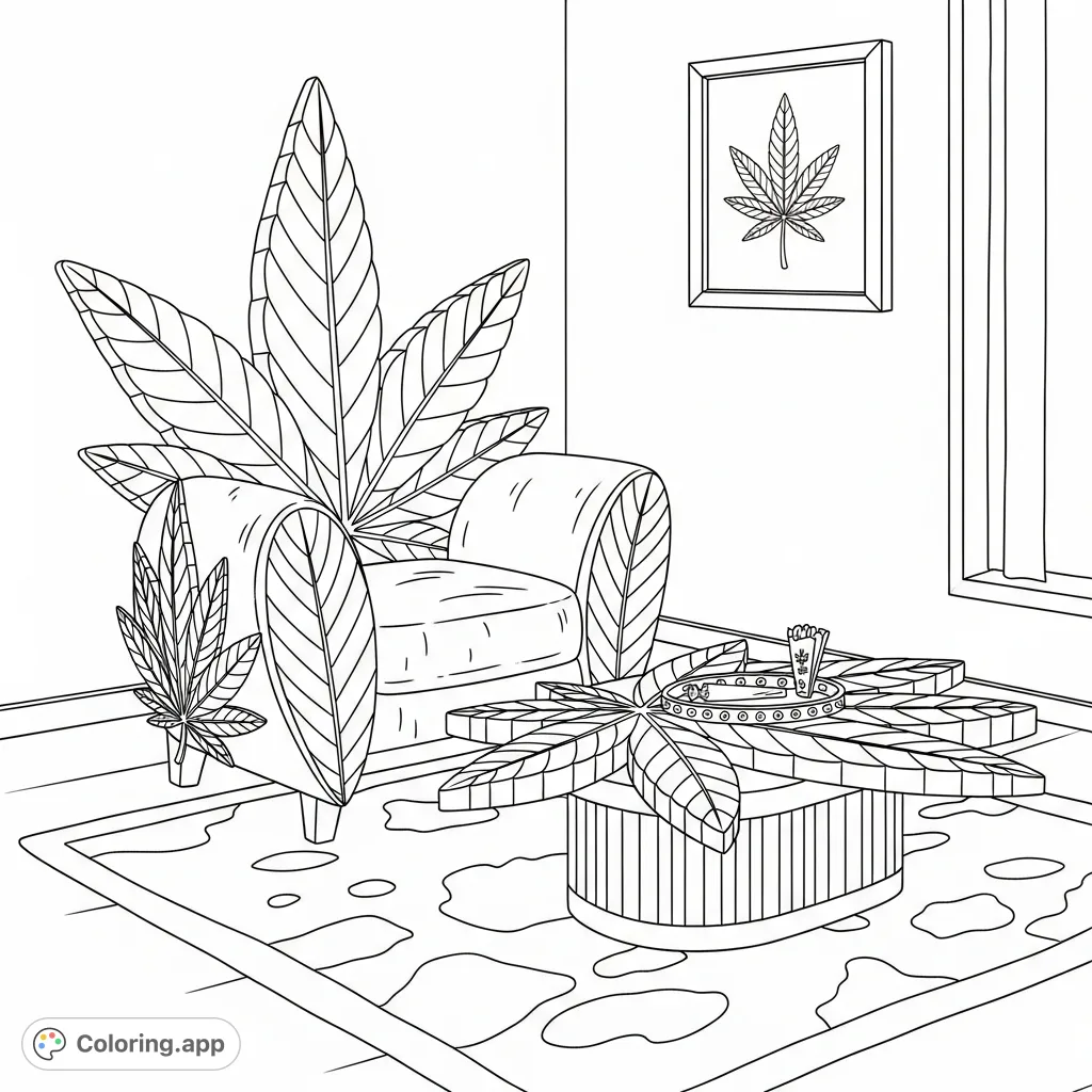 Explore a unique cannabis furniture coloring page featuring a leaf-shaped armchair and coffee table in a serene interior setting. Perfect for adult coloring enthusiasts.