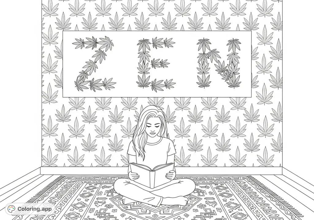 A woman reads in a tranquil space, surrounded by an intricate cannabis leaf wallpaper subtly spelling "ZEN". A detailed, contemplative adult coloring page.