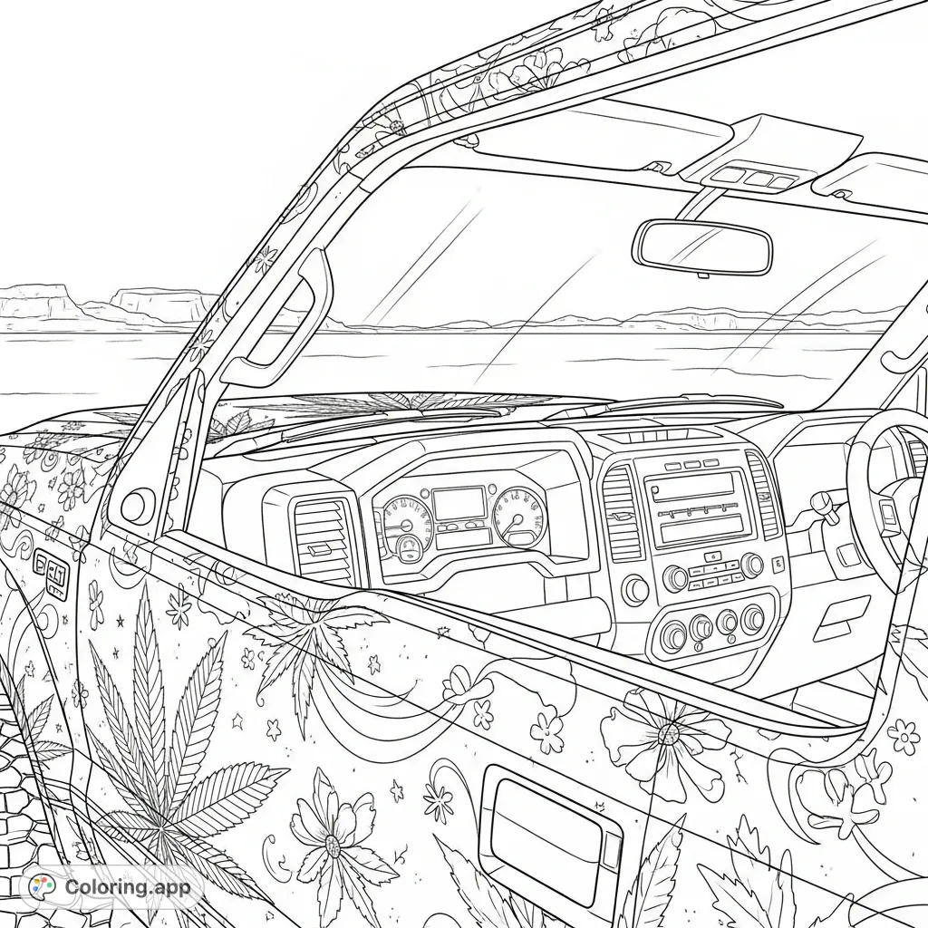 A unique Ford pickup interior view with a 'girly' cannabis leaf pattern on the exterior. Drive through a wide-open desert under a vast sky, ready for creative coloring.