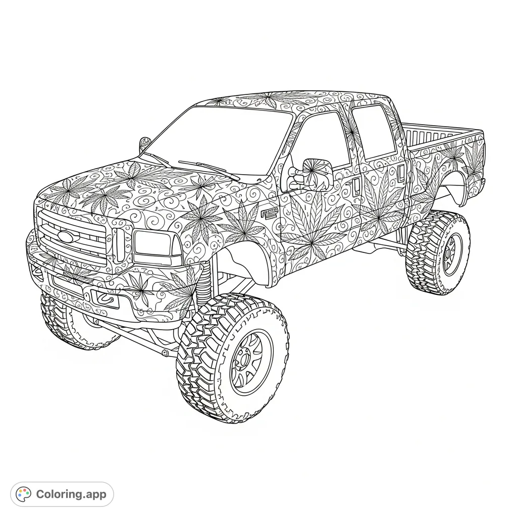 A powerful, lifted Ford pickup truck adorned with an intricate, flowing pattern of stylized cannabis leaves, delicate florals, and swirling vines.