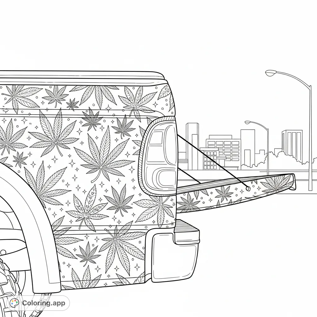 Explore intricate leaf patterns on a lifted Ford truck's rear, set against a blurred evening cityscape. A detailed and challenging adult coloring page.