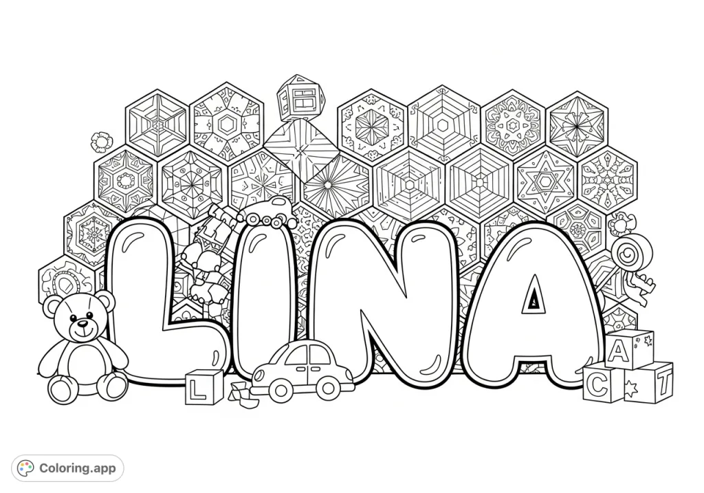 A captivating "LINA" coloring page featuring bold bubble letters set against an intricate geometric mosaic of hexagons, triangles, and squares.