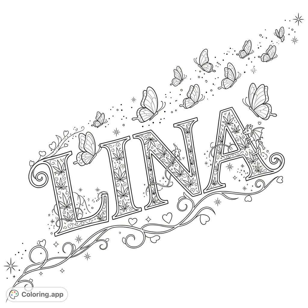 An intricate LINA cannabis script design, filled with delicate patterns, surrounded by graceful butterflies and intertwining vines with starburst accents.