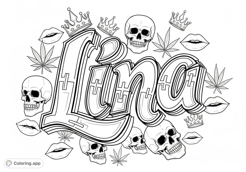 Dynamic Lina graffiti art with stylized letterforms, layered outlines, and scattered cannabis-themed crowns, skulls, and lips. An edgy, personalized coloring page.