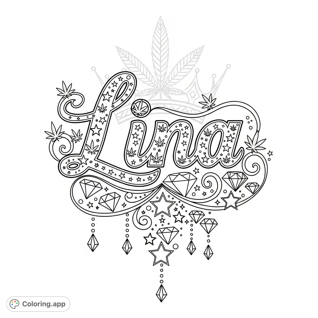 An intricate Lina coloring page featuring elaborate script, stars, diamonds, and stylized marijuana leaves, set against a subtle crown design. Perfect for detailed coloring.