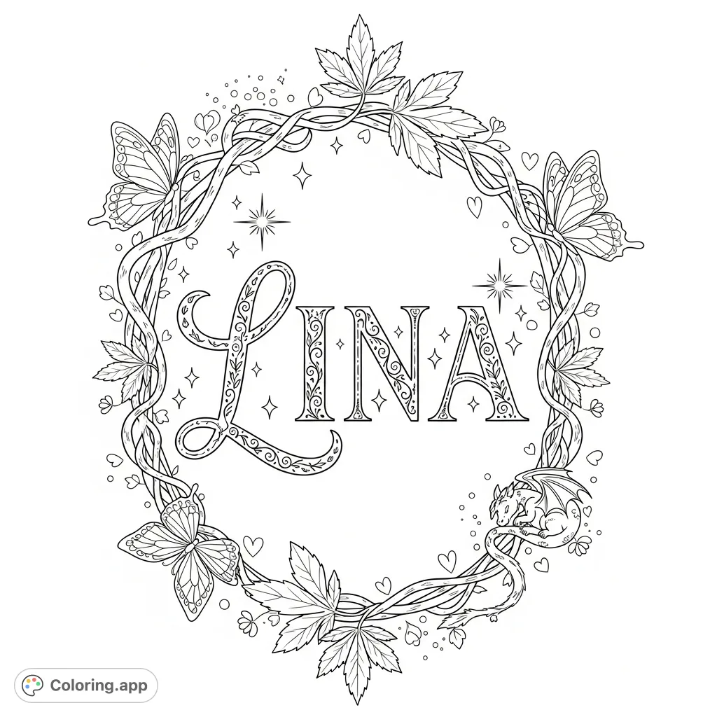 Discover the LINA coloring page, featuring the name LINA in elegant CANABIS script, surrounded by an intricate frame of vines, leaves, and butterflies. A unique adult coloring experience.