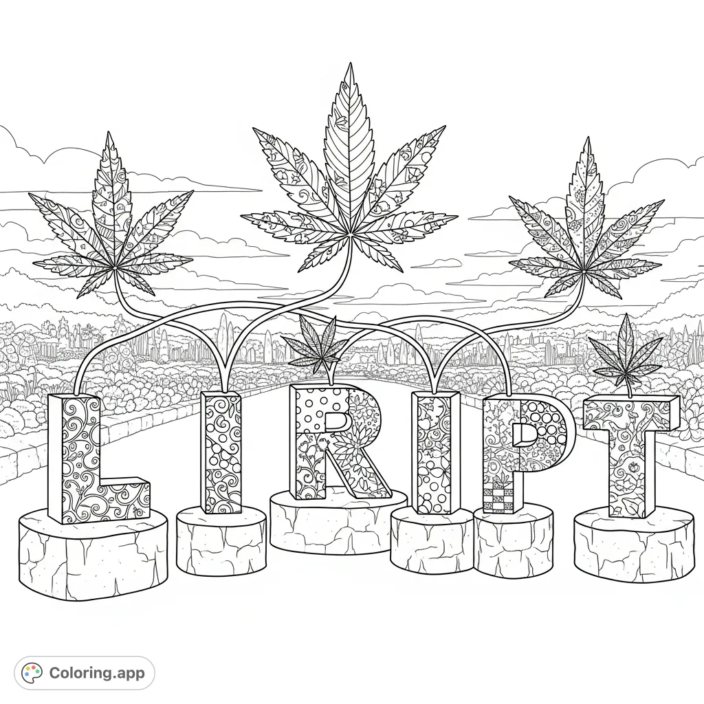 Explore a unique LINA SCRIPT letters coloring page featuring intricate floral, vine, and geometric patterns, accented by cannabis leaves in a vast botanical garden setting.