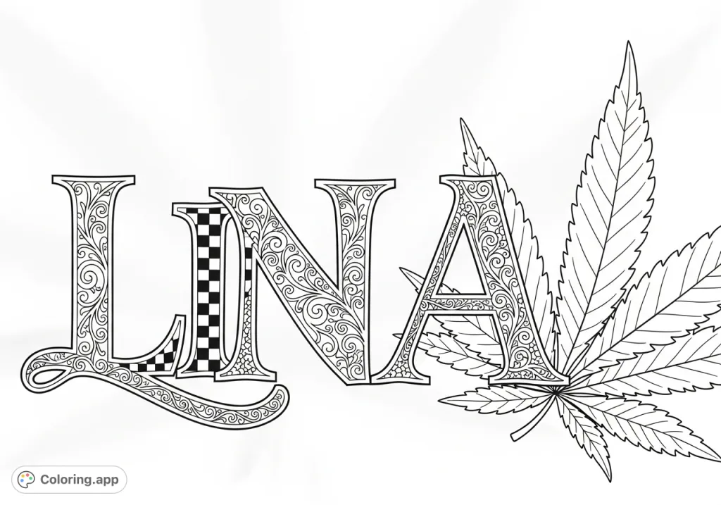 An elegant script 'Lina' coloring page, featuring detailed checkerboard and vine patterns, accompanied by a prominent cannabis leaf, perfect for personalized art.