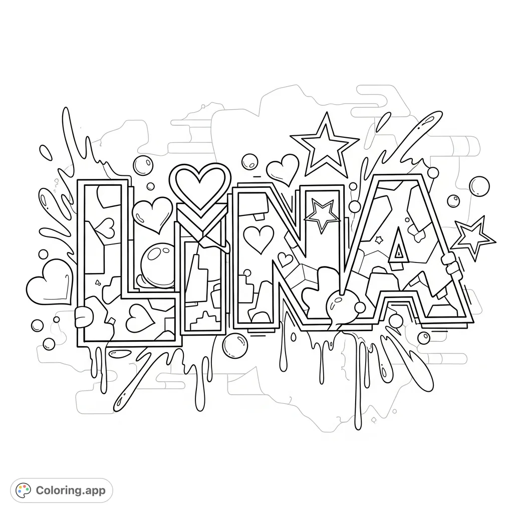 Unleash creativity with this dynamic "Lina" graffiti art coloring page, featuring bold lettering, intricate patterns, and urban-inspired elements.
