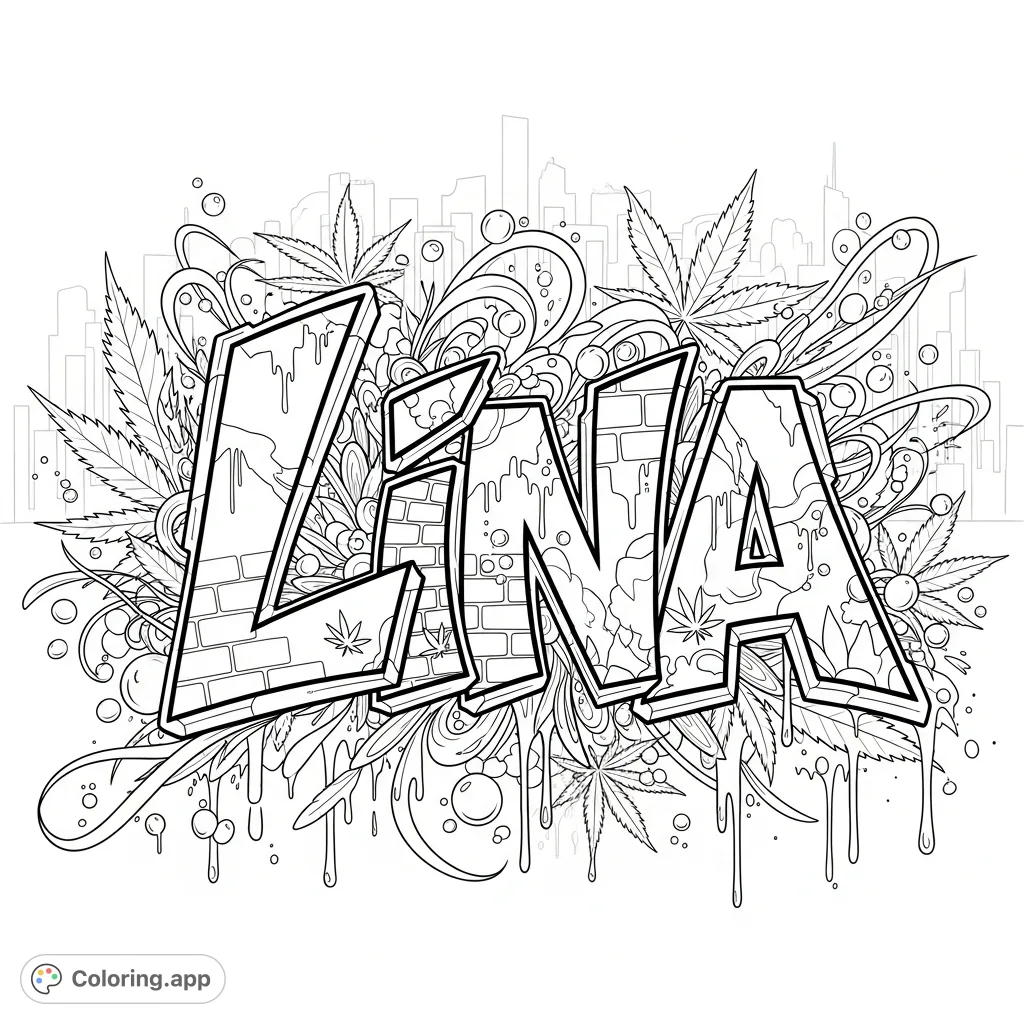 An elaborate "Lina" graffiti coloring page featuring dynamic lettering, swirling lines, urban patterns, stylized cannabis, and city textures for adults.