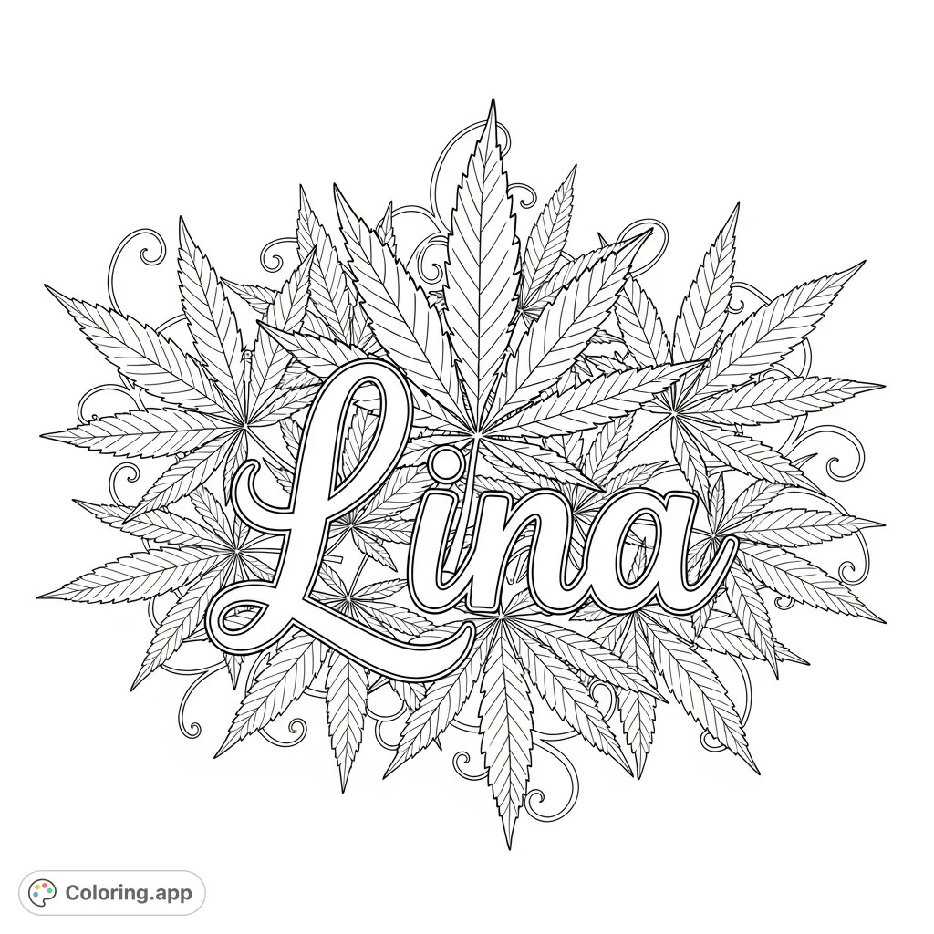 Discover a sophisticated "Lina" coloring page. Intricate cannabis leaves frame the name, detailed with lobes and veins, perfect for personalized botanical art.