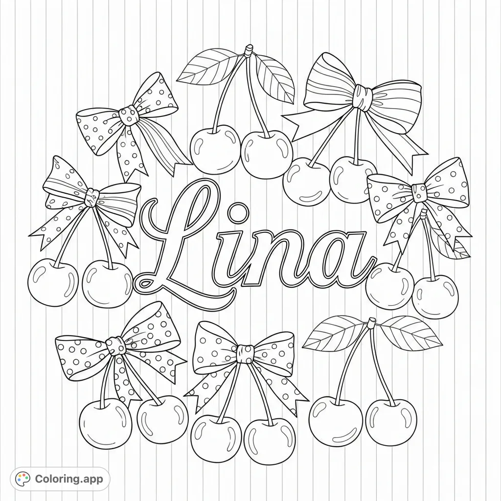 A delightful coloring page featuring the name Lina in elegant script, adorned with an enchanting array of bows and plump cherries. Perfect for personalized creativity.