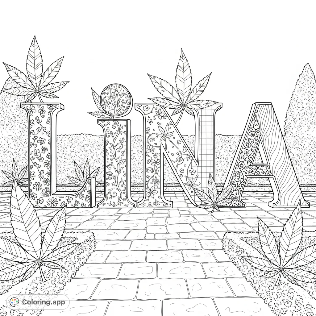 An intricate "Lina" script within a formal garden, adorned with various patterns and prominent cannabis leaves, perfect for detailed coloring.