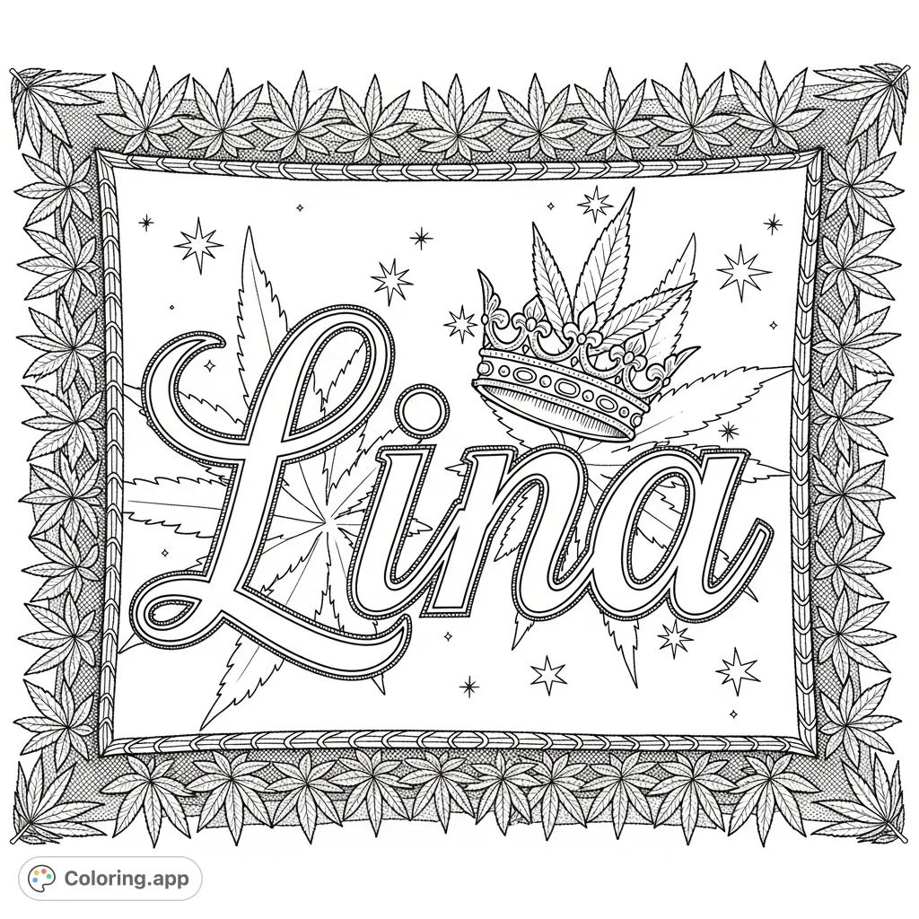 An intricate tapestry featuring the name Lina, a regal crown with a cannabis leaf detail, and an elaborate border of cannabis leaves. A sophisticated coloring page for adults.
