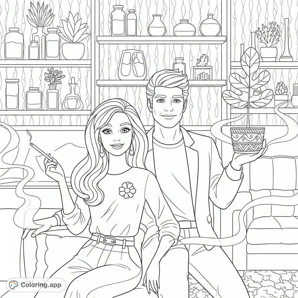 Barbie and Ken relax in a stylized lounge, Barbie with a rolled item, Ken with a leafy plant. A unique adult-themed coloring page.