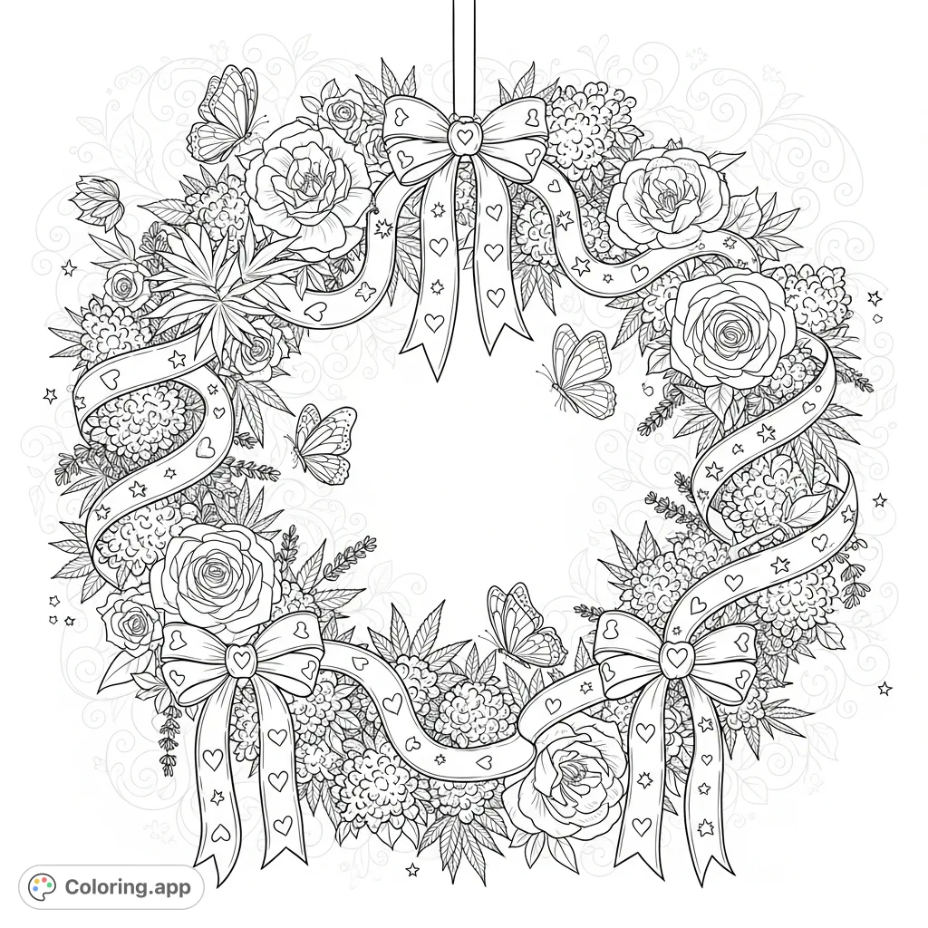 An intricate botanical wreath, densely packed with cannabis leaves, buds, roses, peonies, lavender, butterflies, and a ribbon with heart and star accents.