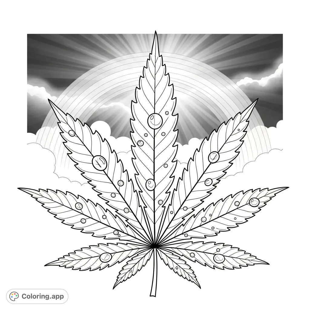 Explore a detailed cannabis leaf with intricate veins and water droplets, set against a stunning rainbow and dramatic sky. A unique adult coloring page.