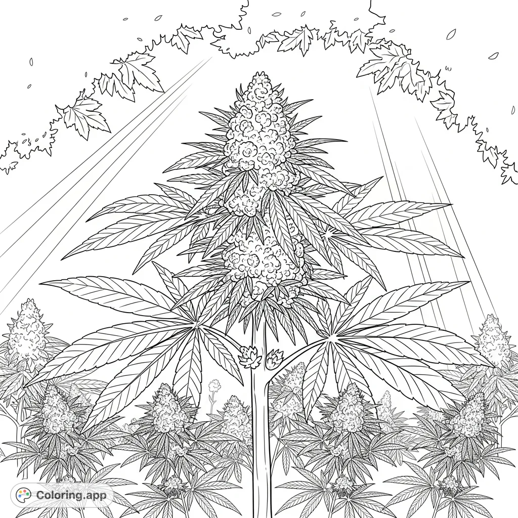 Discover a majestic cannabis plant, colossal and crowned with dense buds, surrounded by smaller plants in a lush, detailed natural setting.