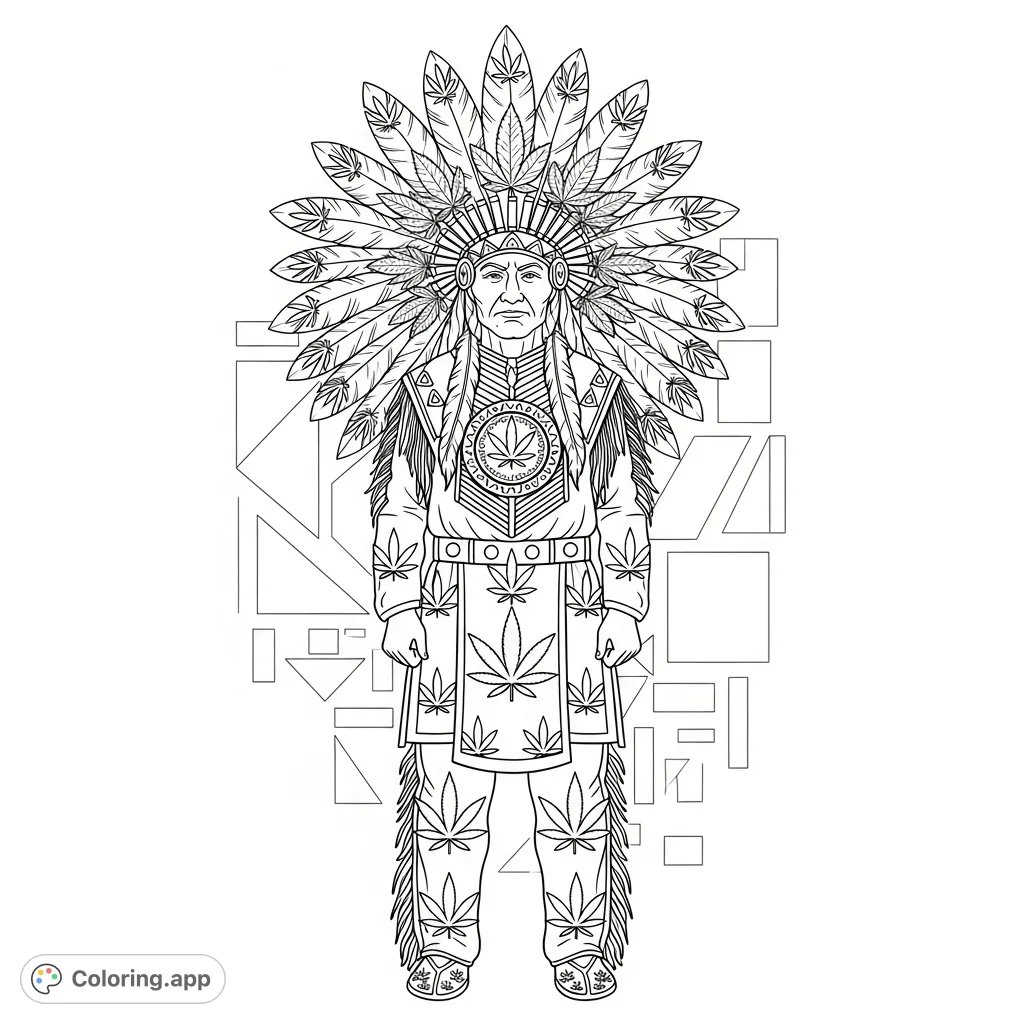 Majestic Native American chief with an elaborate feathered cannabis headdress, traditional clothing adorned with cannabis patterns, and a striking circular medallion.
