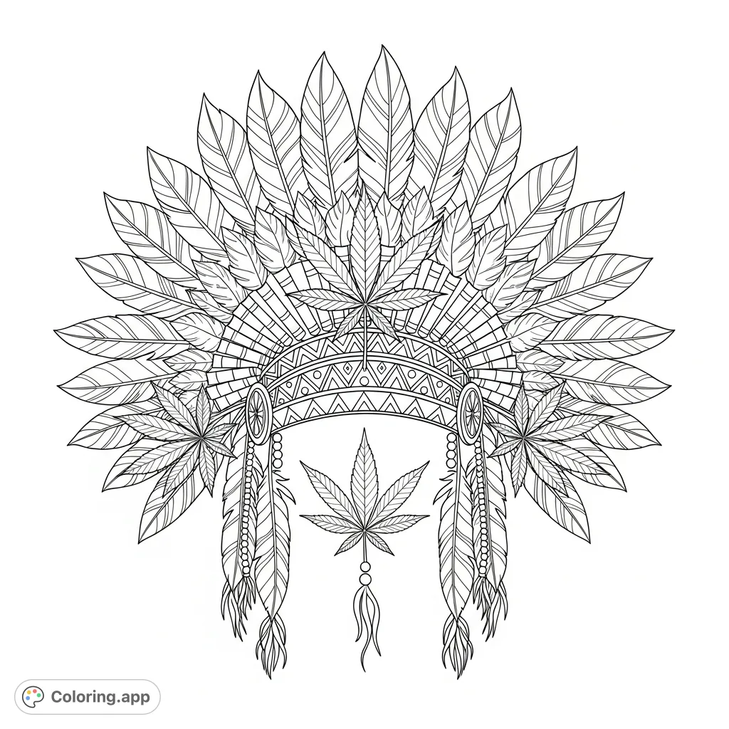 An intricate Native American-inspired headdress adorned with layered feathers, detailed geometric beadwork, and distinctive cannabis leaves. A unique and elaborate design.