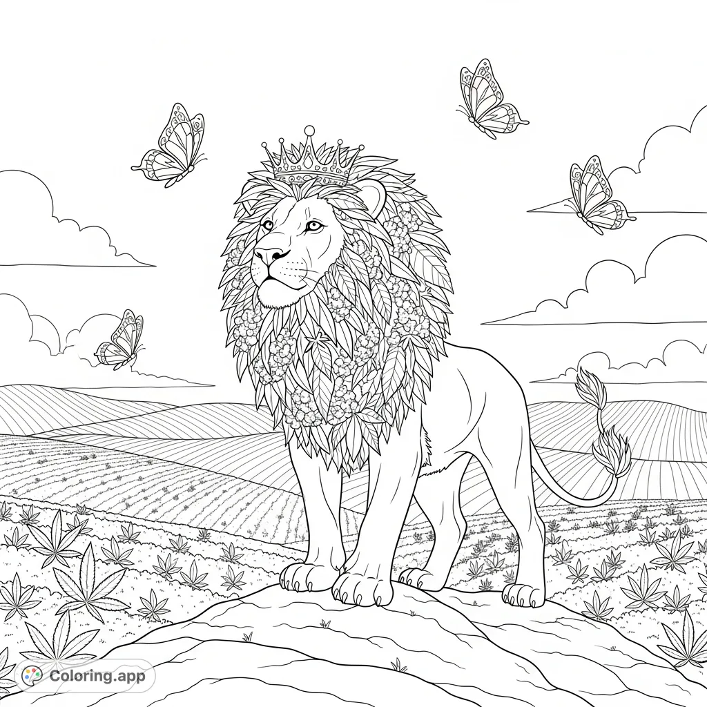 A majestic lion, crowned and adorned with a cannabis-leaf mane, surveys thriving cannabis fields. Detailed butterflies flutter nearby in this unique scene.