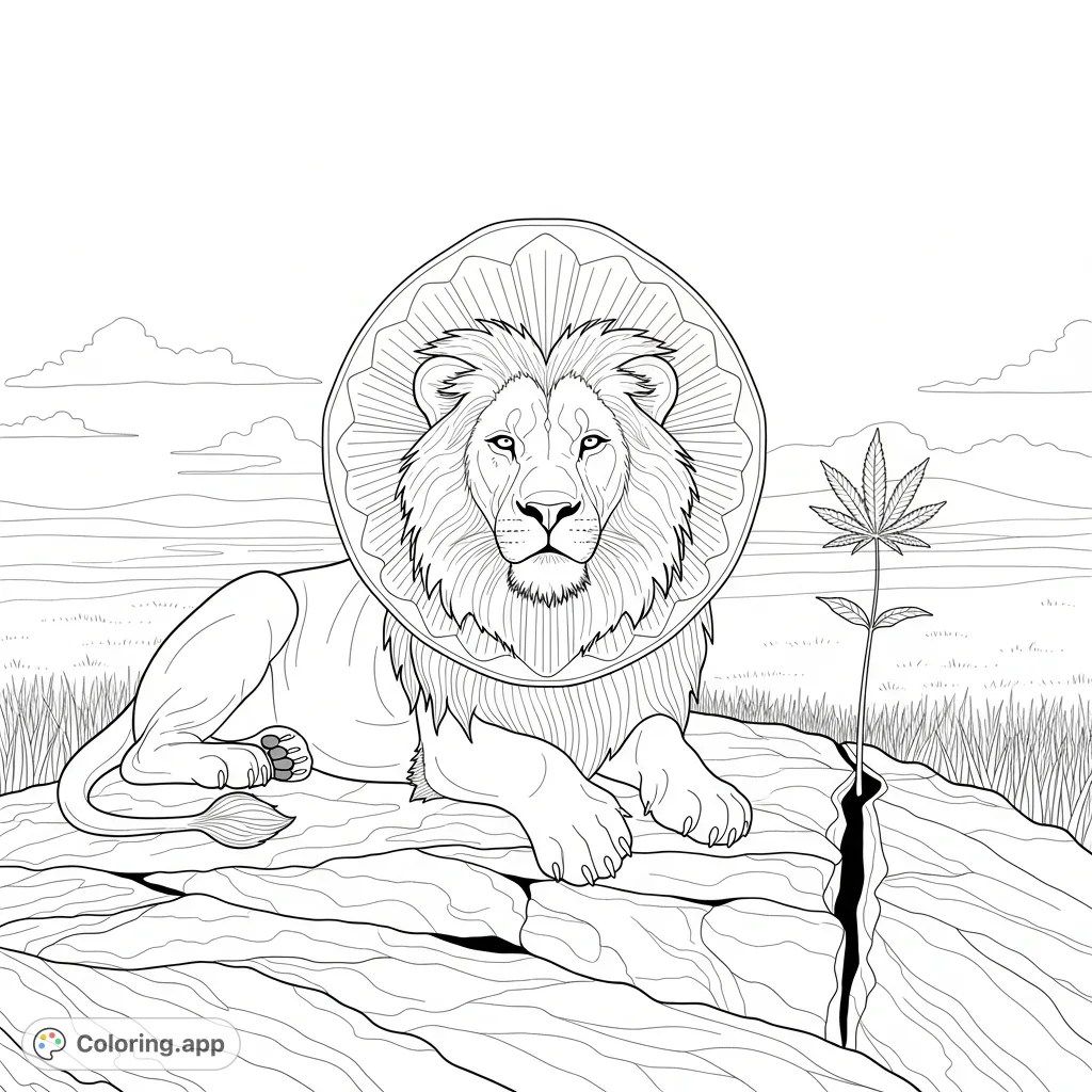 A regal lion with a unique cannabis-leaf-shaped mane reclines on a rocky outcrop, overlooking a vast grassland. Perfect for an intricate adult coloring experience.