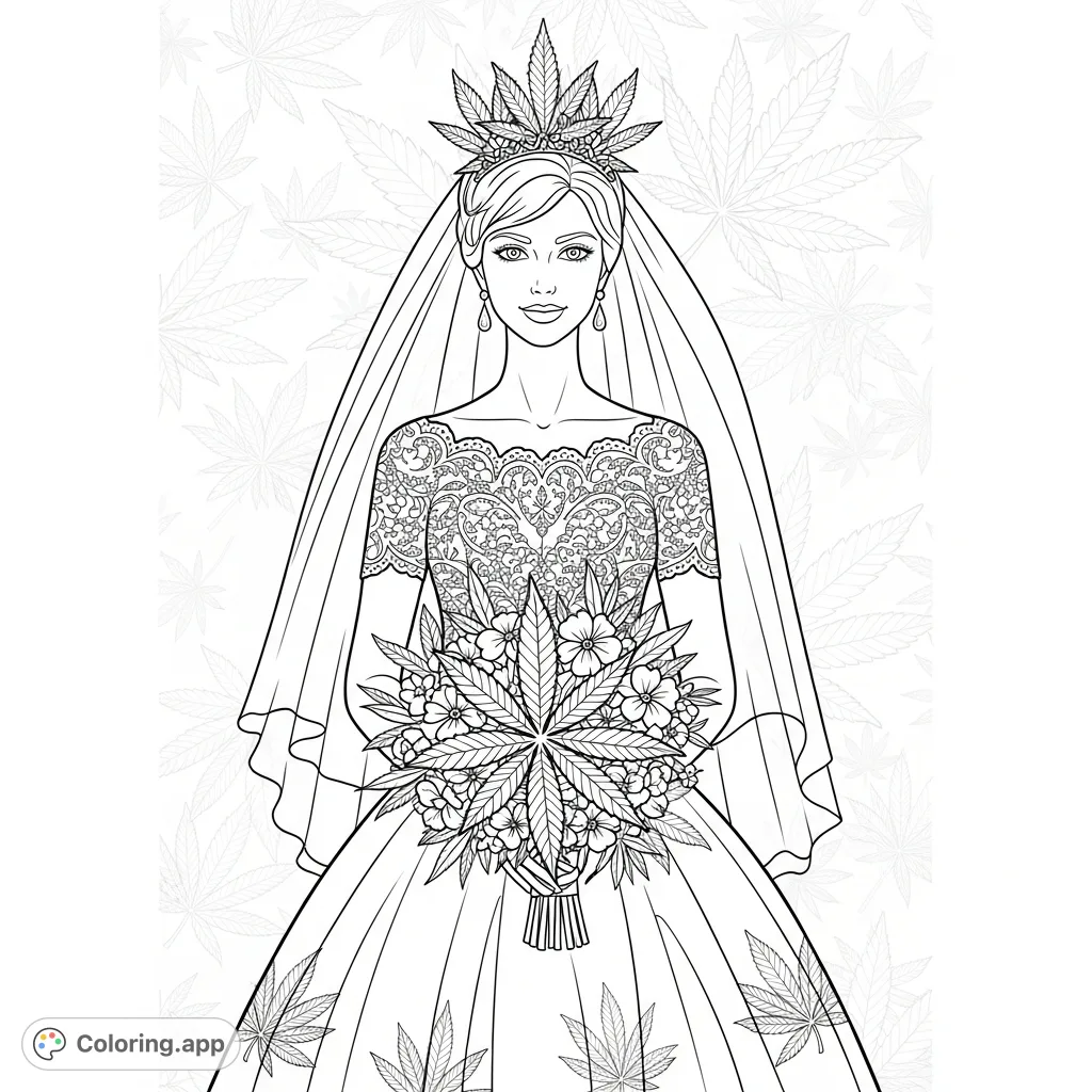 An elegant bride adorned with intricate marijuana leaf details in her gown, veil, and bouquet. A unique and bold statement piece for adult colorists.