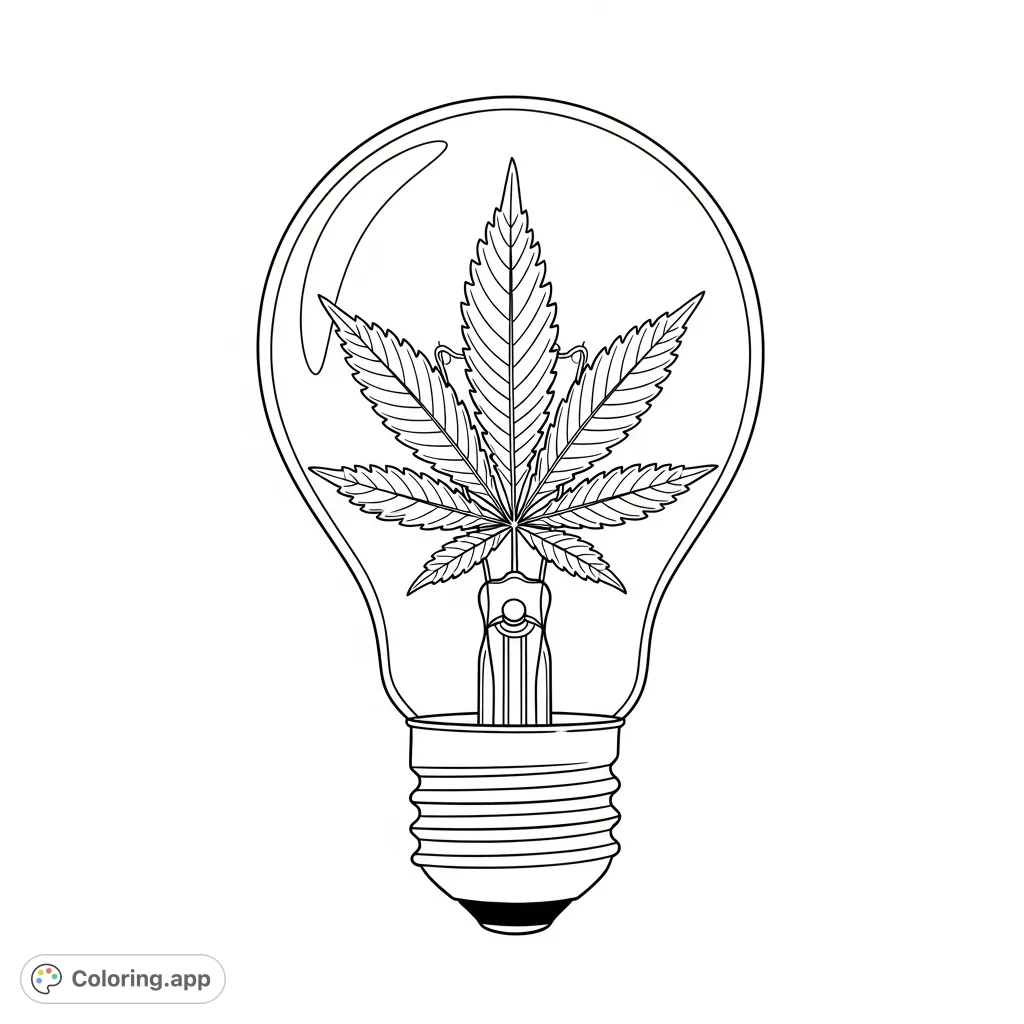 A creative marijuana lightbulb coloring page featuring a cannabis leaf as the filament inside a traditional bulb. Perfect for adult colorists!