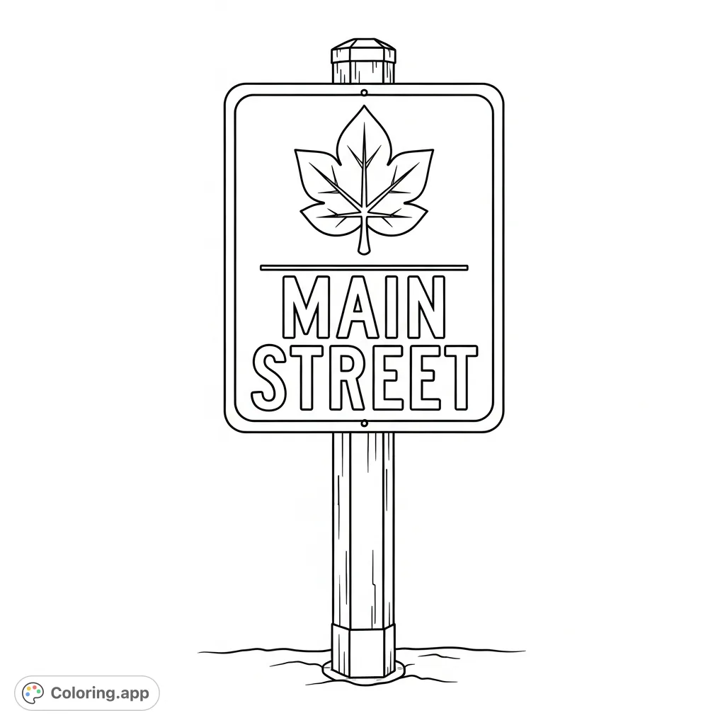 A distinctive street sign featuring a prominent leaf emblem and bold lettering, perfect for adult colorists seeking a unique and symbolic design.