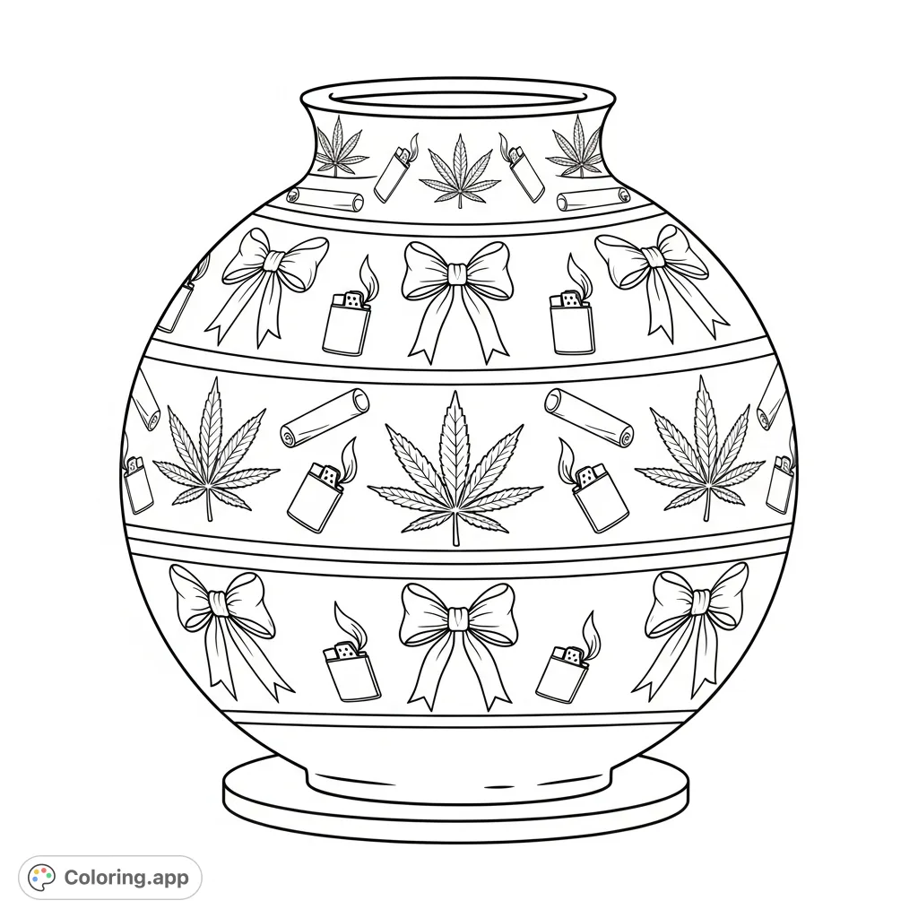 A stately vase adorned with intricate patterns of stylized bows, detailed marijuana leaves, and minute depictions of lighters and rolling papers on a pedestal.