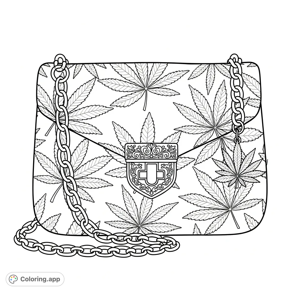 An intricately patterned purse featuring stylized marijuana leaves. Perfect for adult colorists seeking detailed designs and creative expression.