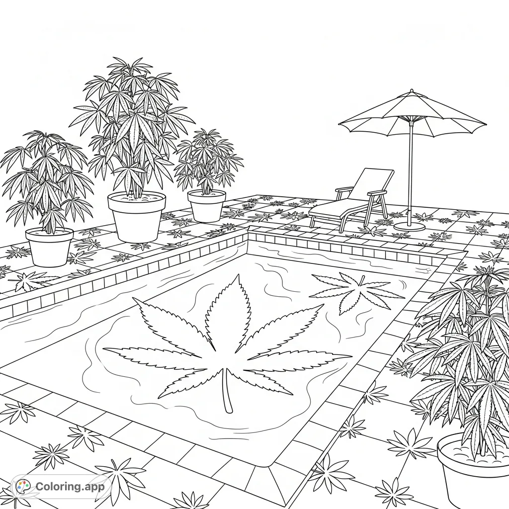 Dive into relaxation with this unique marijuana pool coloring page, featuring stylized cannabis leaves within and around a serene pool scene.
