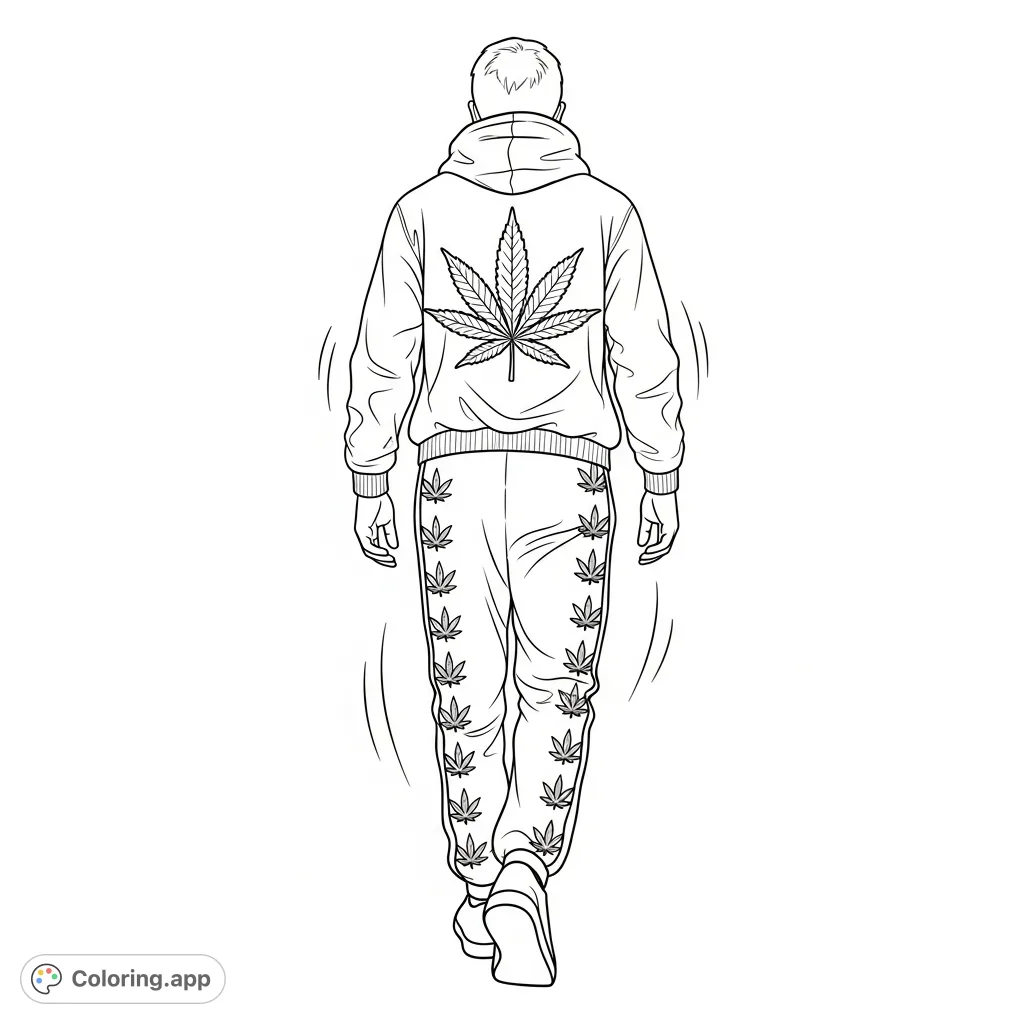 Walk away in style with this unique marijuana tracksuit coloring page. Features a bold leaf graphic on the hoodie and repeating patterns on the pants.