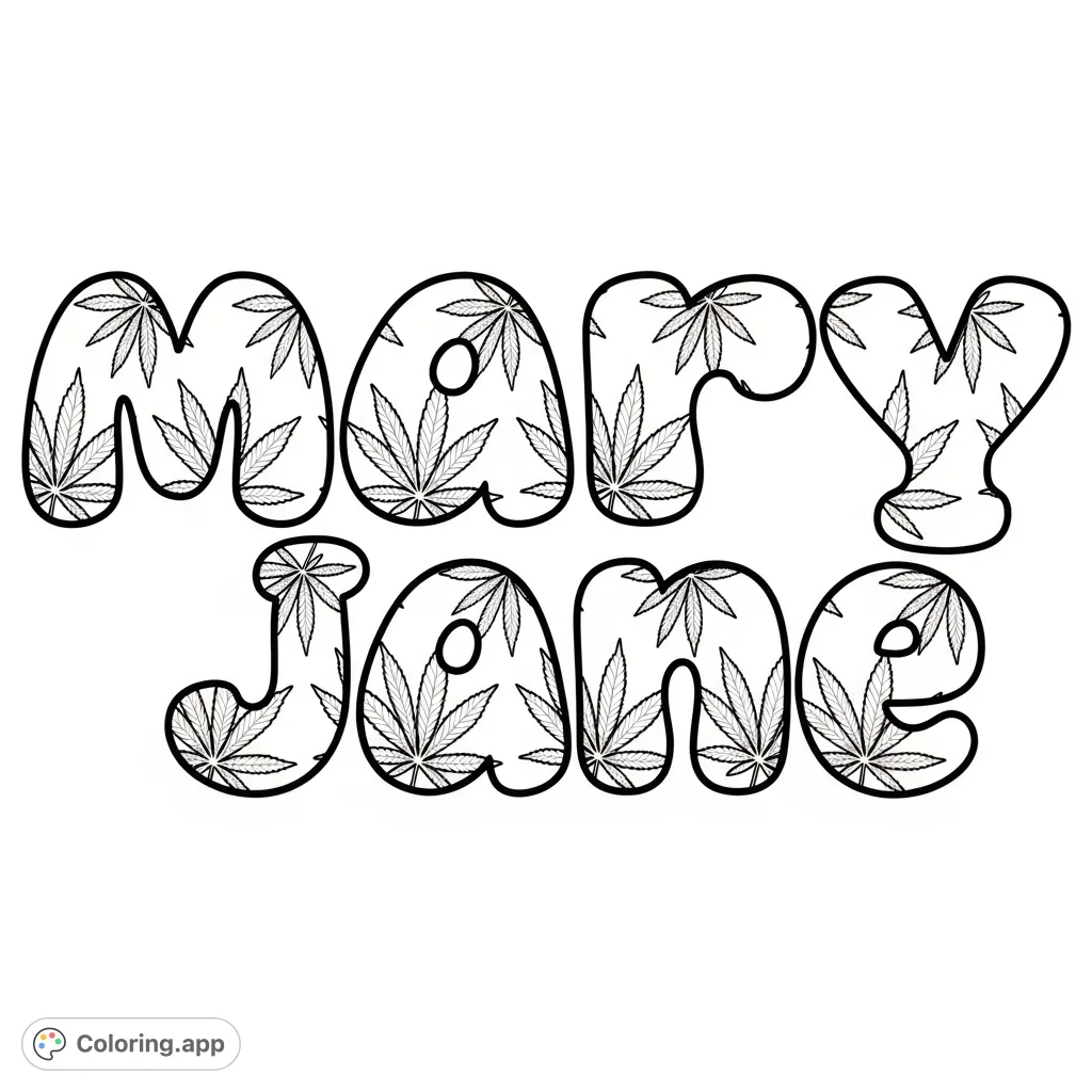 Color the word 'MaryJane' in playful bubble letters, each containing detailed marijuana leaf patterns for a unique, creative experience.