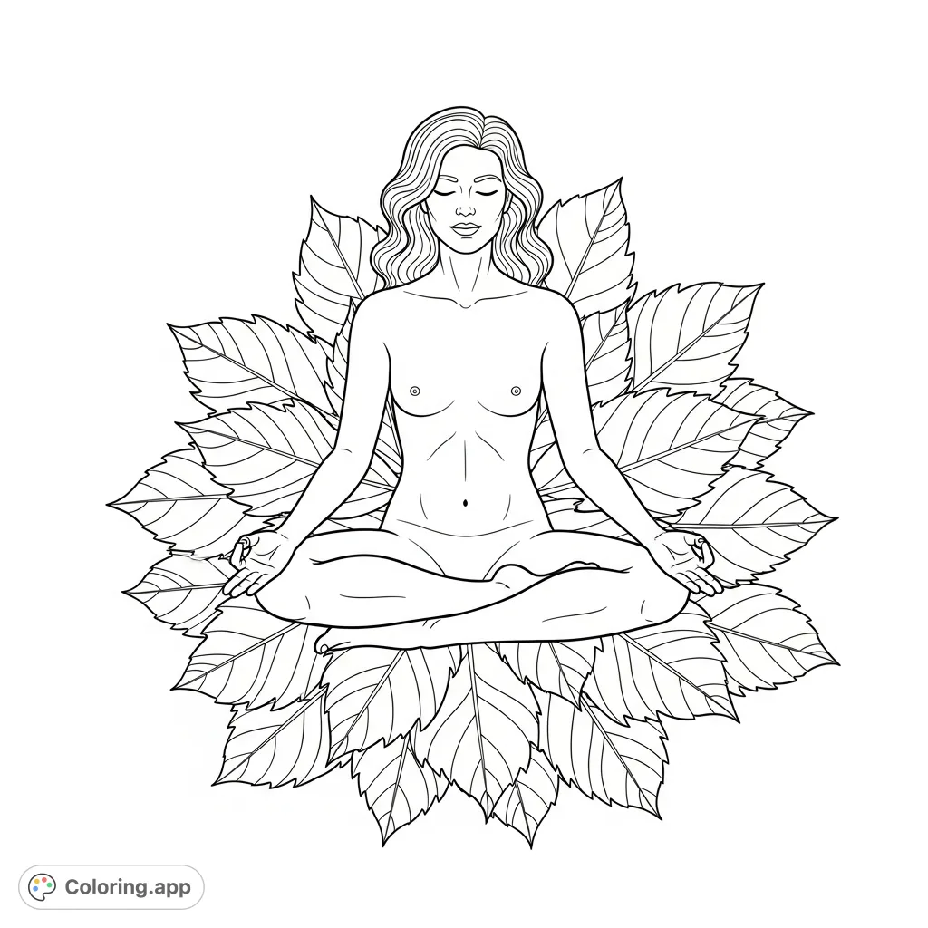 A serene human figure meditates gracefully amidst a detailed bed of large, multi-lobed leaves with intricate veins, offering a peaceful coloring page.